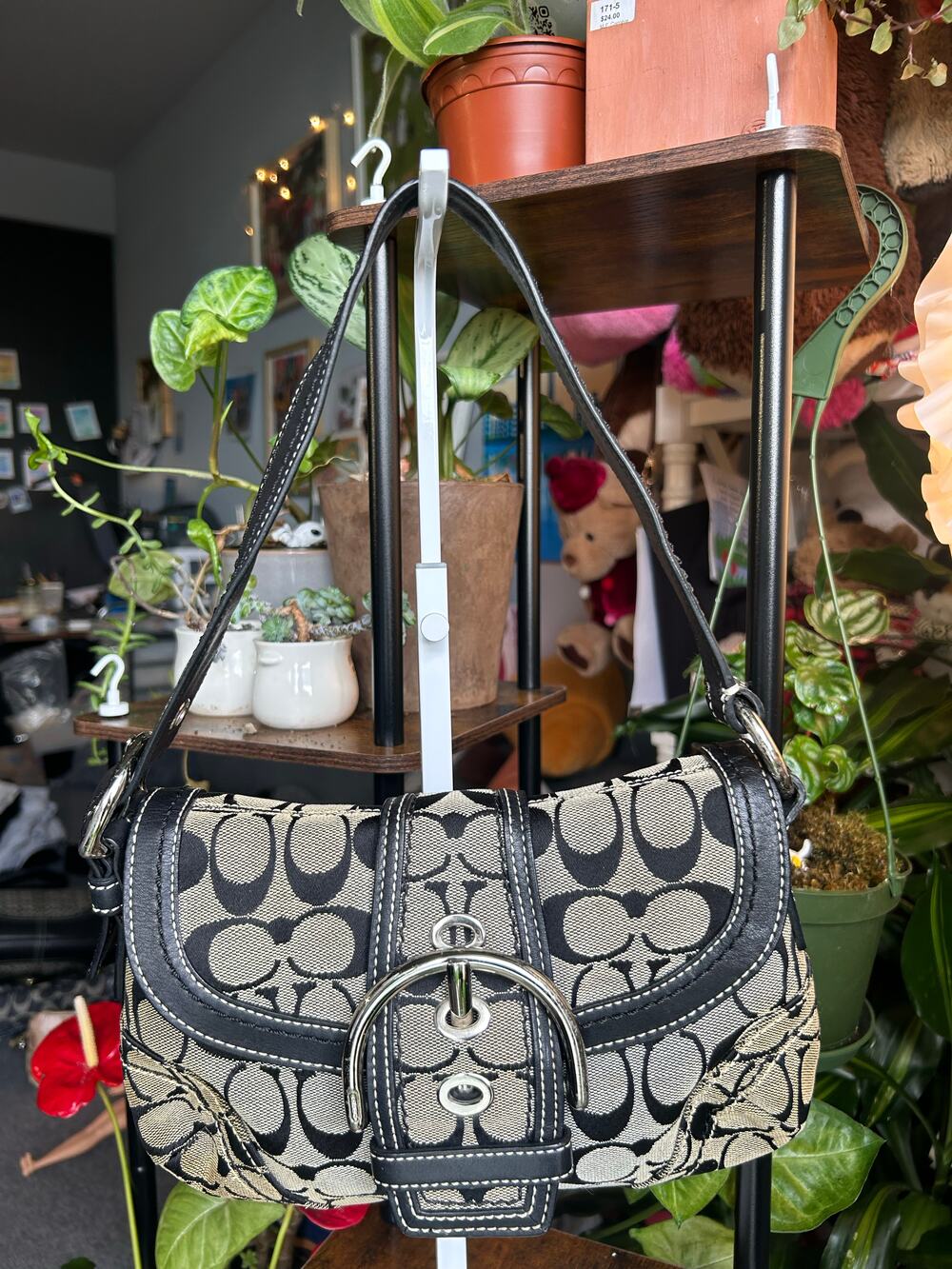 Vintage coach signature turnlock shoulder bag black & cream jacquard canvas & le